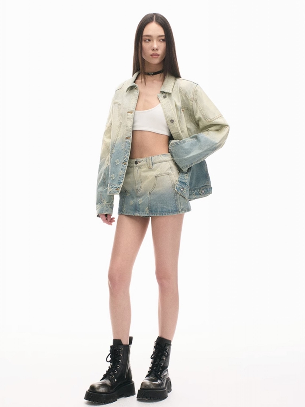 NAWS Gradient Denim Skirt - Light Blue/Beige Rave Embroidered Y2K Style! New!